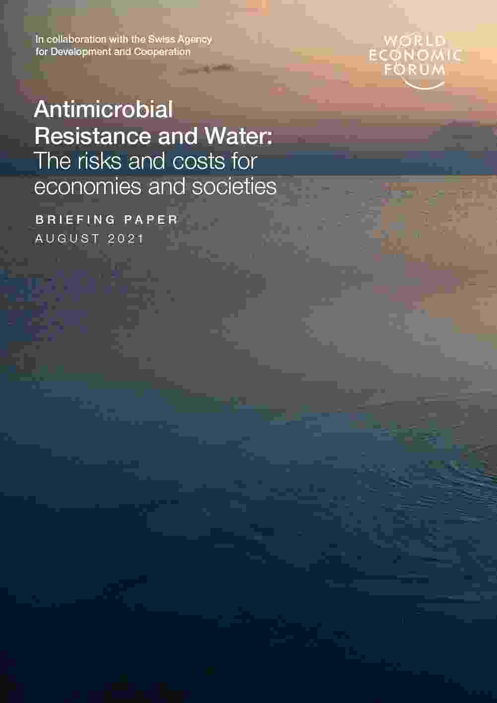 Image shows front cover of WEF briefing paper on Antimicrobial Resistance and Water, published August 2021, showing a hazy sunset over a large expanse of water